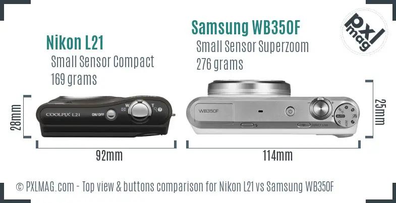 Nikon L21 vs Samsung WB350F top view buttons comparison Nikon L21 vs Samsung WB350F top view buttons comparison