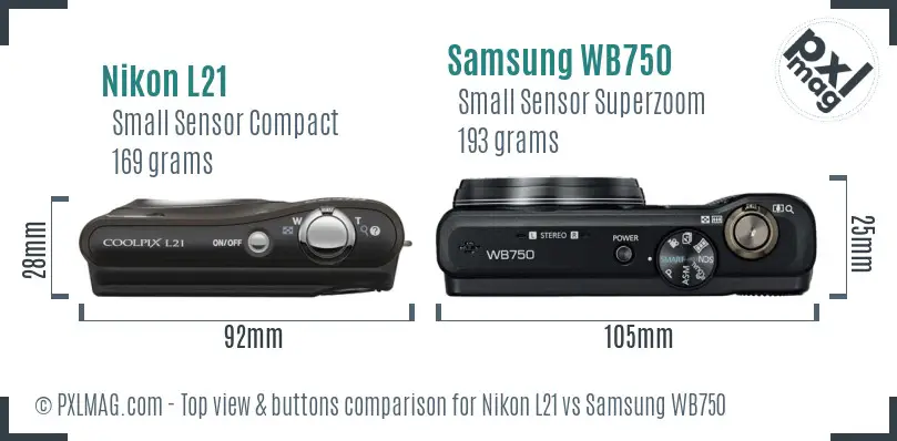 Nikon L21 vs Samsung WB750 top view buttons comparison Nikon L21 vs Samsung WB750 top view buttons comparison