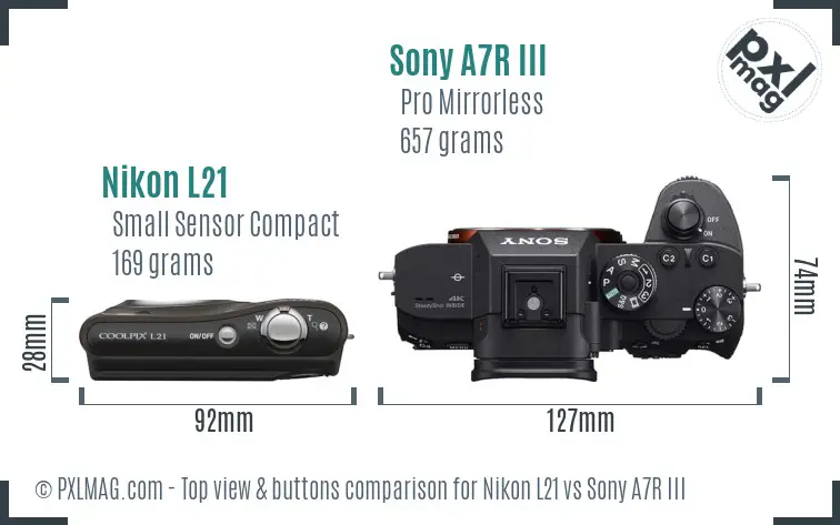 Nikon L21 vs Sony A7R III top view buttons comparison