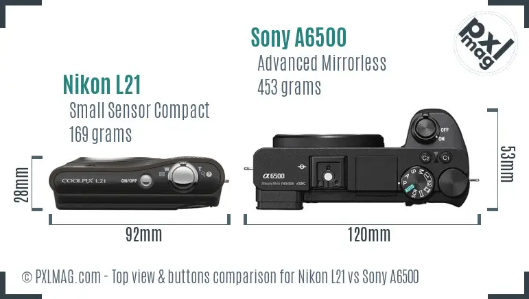Nikon L21 vs Sony A6500 top view buttons comparison