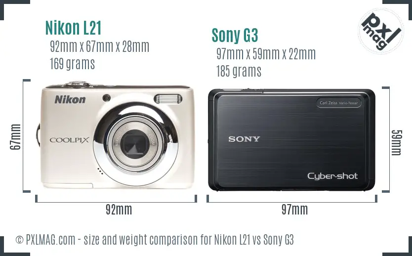 Nikon L21 vs Sony G3 size comparison