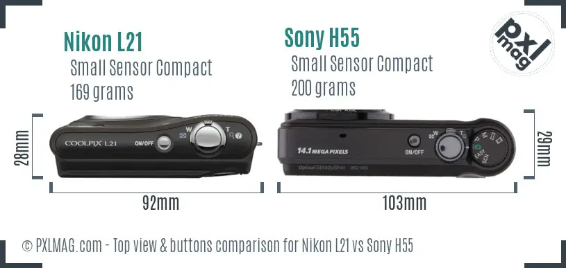 Nikon L21 vs Sony H55 top view buttons comparison Nikon L21 vs Sony H55 top view buttons comparison