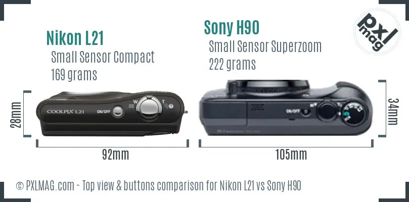 Nikon L21 vs Sony H90 top view buttons comparison Nikon L21 vs Sony H90 top view buttons comparison