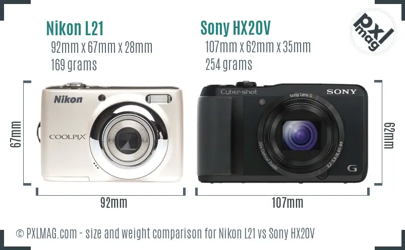 Nikon L21 vs Sony HX20V size comparison