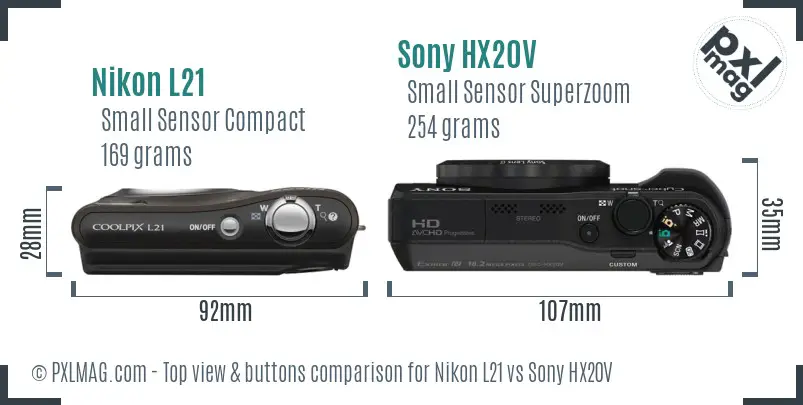 Nikon L21 vs Sony HX20V top view buttons comparison