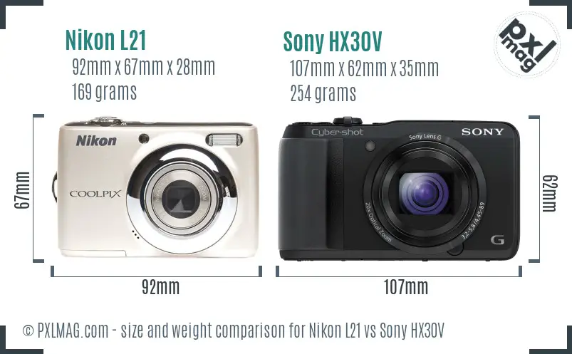 Nikon L21 vs Sony HX30V size comparison