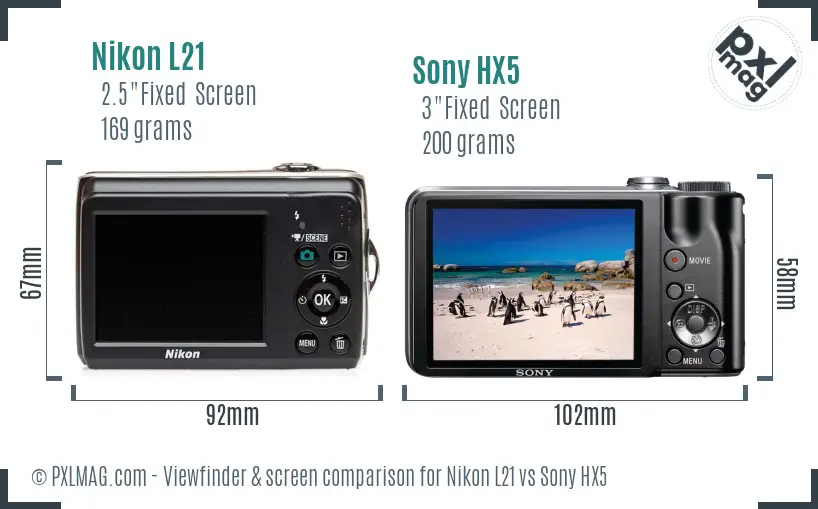 Nikon L21 vs Sony HX5 Screen and Viewfinder comparison