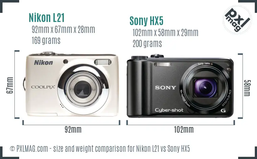 Nikon L21 vs Sony HX5 size comparison
