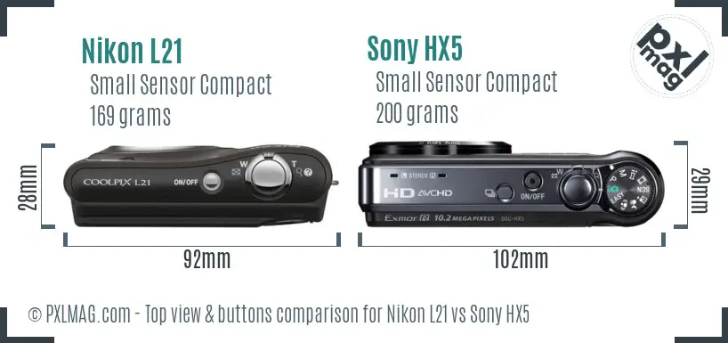 Nikon L21 vs Sony HX5 top view buttons comparison