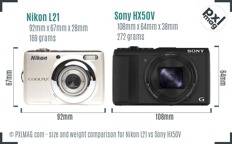 Nikon L21 vs Sony HX50V size comparison