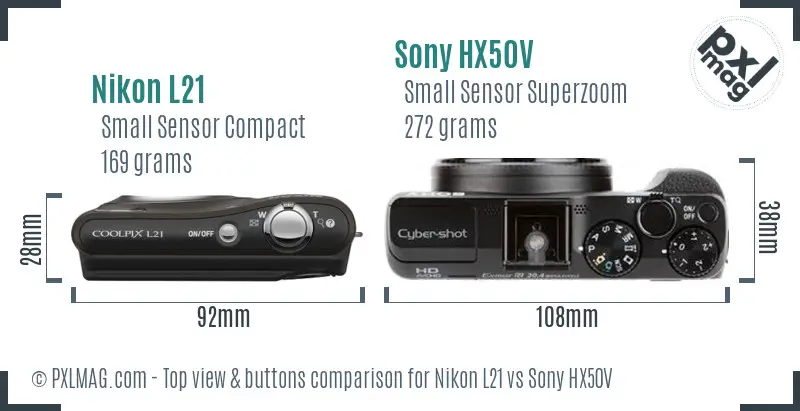 Nikon L21 vs Sony HX50V top view buttons comparison