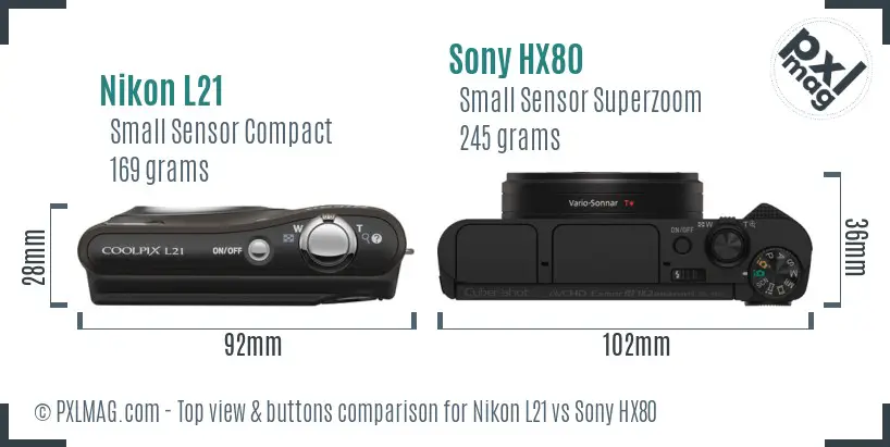 Nikon L21 vs Sony HX80 top view buttons comparison