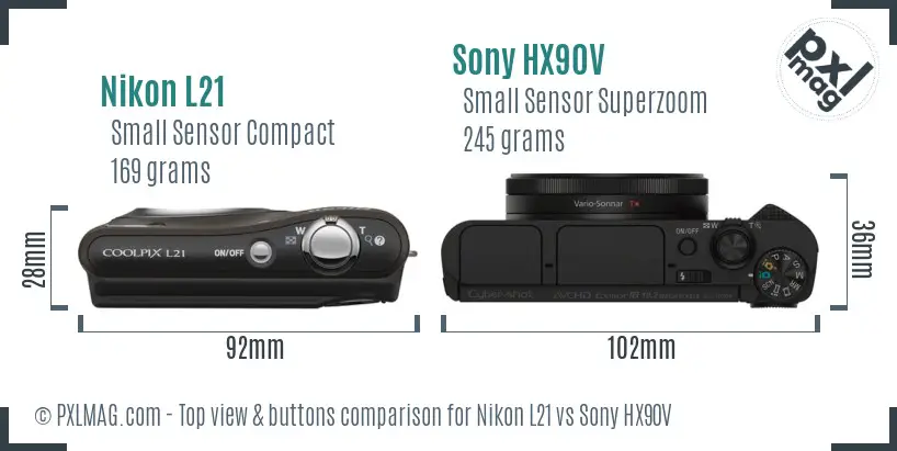 Nikon L21 vs Sony HX90V top view buttons comparison Nikon L21 vs Sony HX90V top view buttons comparison
