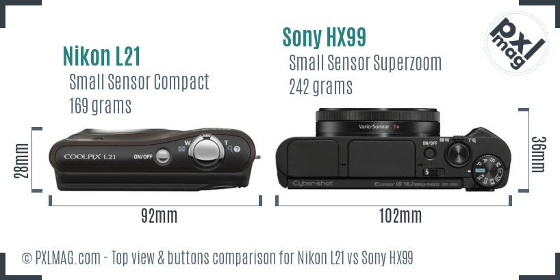 Nikon L21 vs Sony HX99 top view buttons comparison
