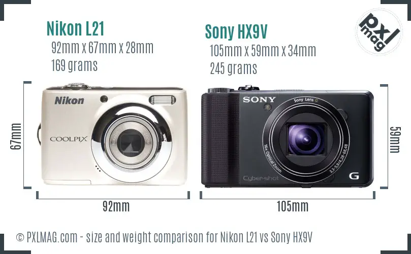 Nikon L21 vs Sony HX9V size comparison