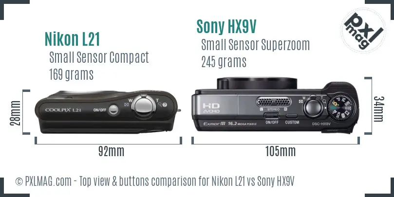 Nikon L21 vs Sony HX9V top view buttons comparison