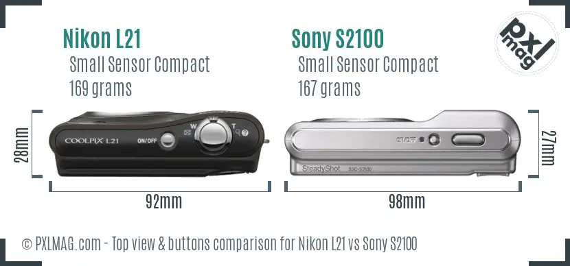 Nikon L21 vs Sony S2100 top view buttons comparison Nikon L21 vs Sony S2100 top view buttons comparison