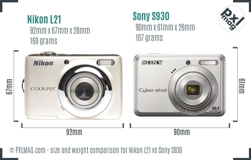 Nikon L21 vs Sony S930 size comparison