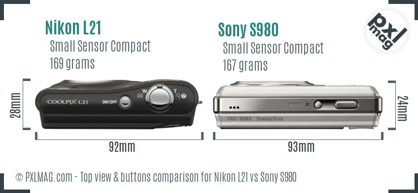 Nikon L21 vs Sony S980 top view buttons comparison Nikon L21 vs Sony S980 top view buttons comparison