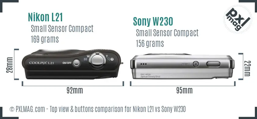 Nikon L21 vs Sony W230 top view buttons comparison Nikon L21 vs Sony W230 top view buttons comparison