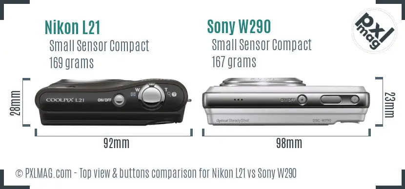 Nikon L21 vs Sony W290 top view buttons comparison Nikon L21 vs Sony W290 top view buttons comparison