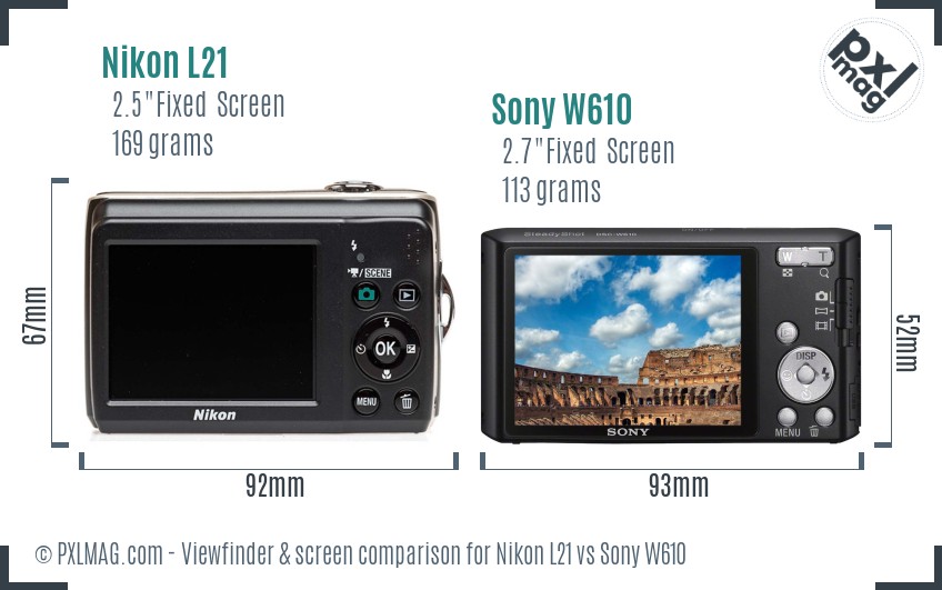 Nikon L21 vs Sony W610 Screen and Viewfinder comparison