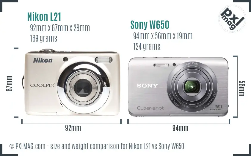 Nikon L21 vs Sony W650 size comparison