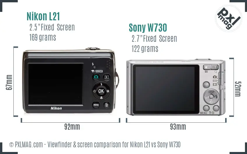 Nikon L21 vs Sony W730 Screen and Viewfinder comparison