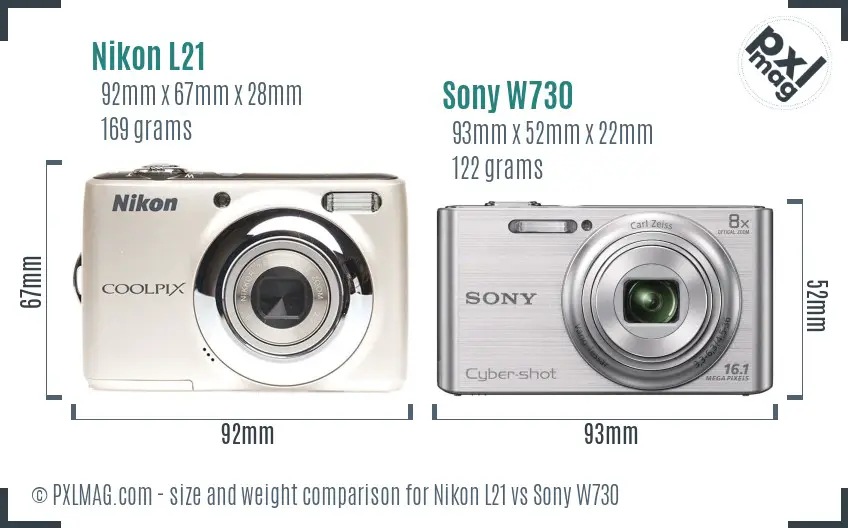 Nikon L21 vs Sony W730 size comparison