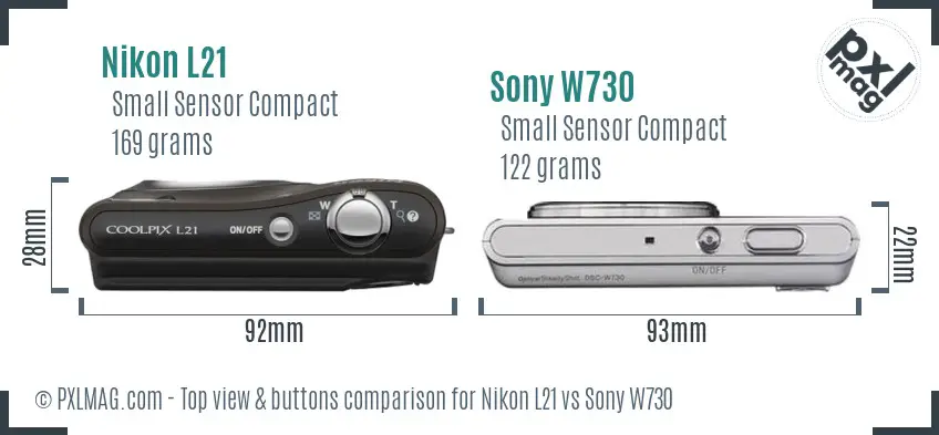 Nikon L21 vs Sony W730 top view buttons comparison