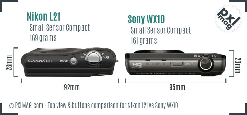 Nikon L21 vs Sony WX10 top view buttons comparison