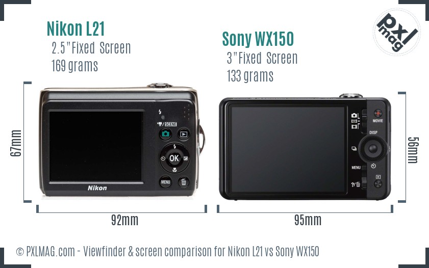 Nikon L21 vs Sony WX150 Screen and Viewfinder comparison