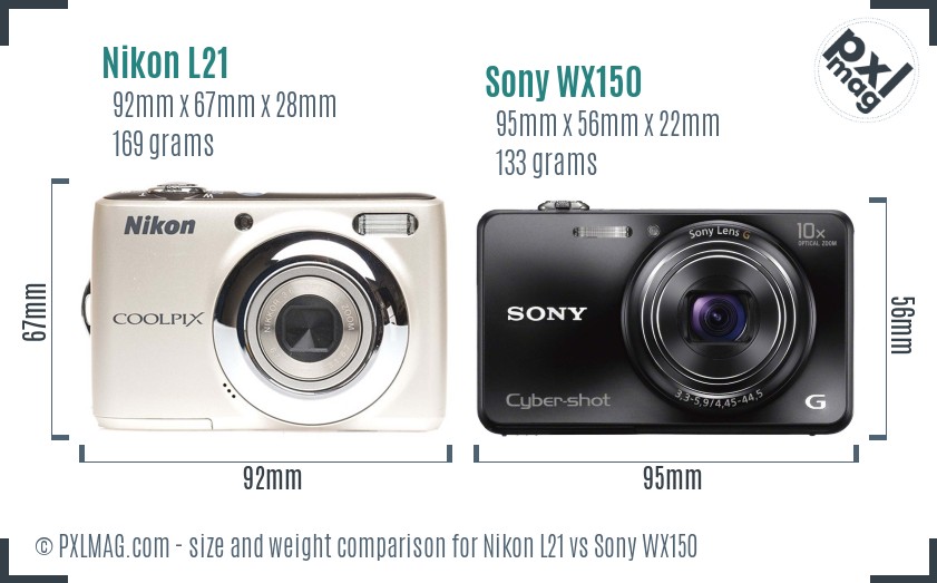 Nikon L21 vs Sony WX150 size comparison