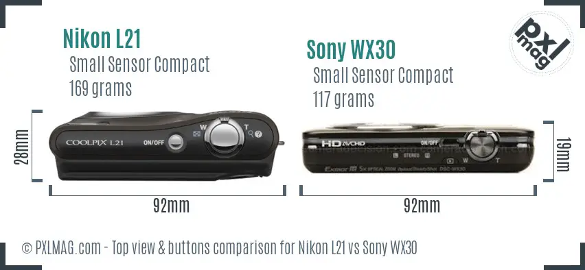 Nikon L21 vs Sony WX30 top view buttons comparison Nikon L21 vs Sony WX30 top view buttons comparison