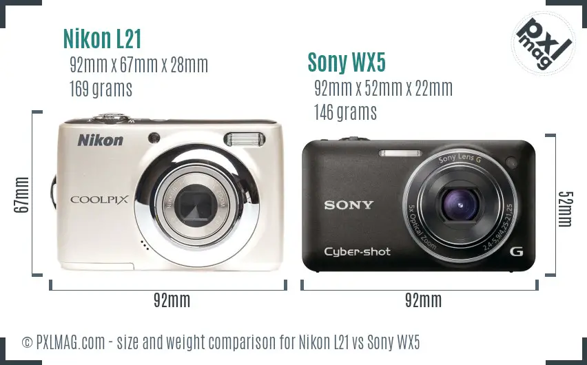 Nikon L21 vs Sony WX5 size comparison