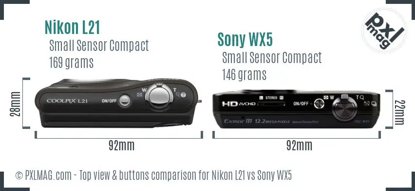 Nikon L21 vs Sony WX5 top view buttons comparison