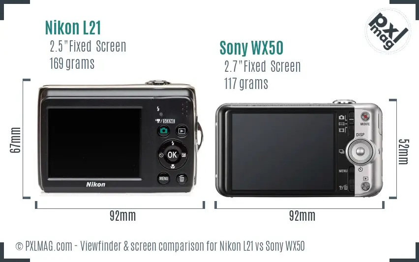 Nikon L21 vs Sony WX50 Screen and Viewfinder comparison