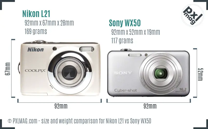 Nikon L21 vs Sony WX50 size comparison