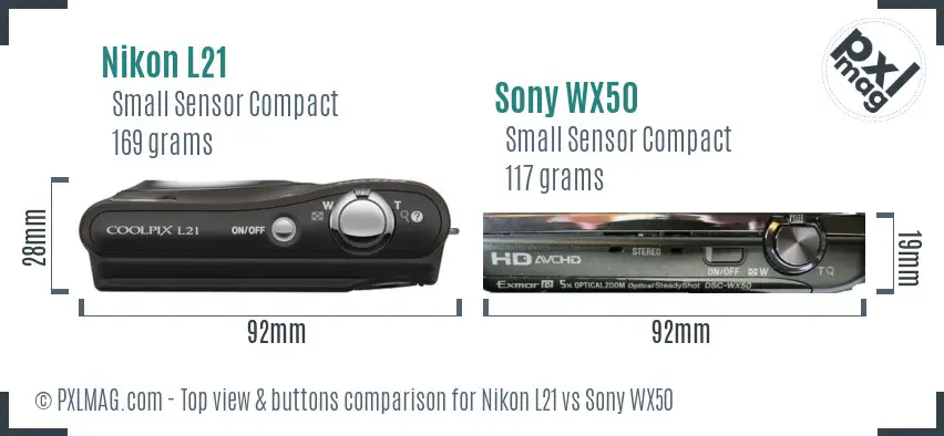 Nikon L21 vs Sony WX50 top view buttons comparison