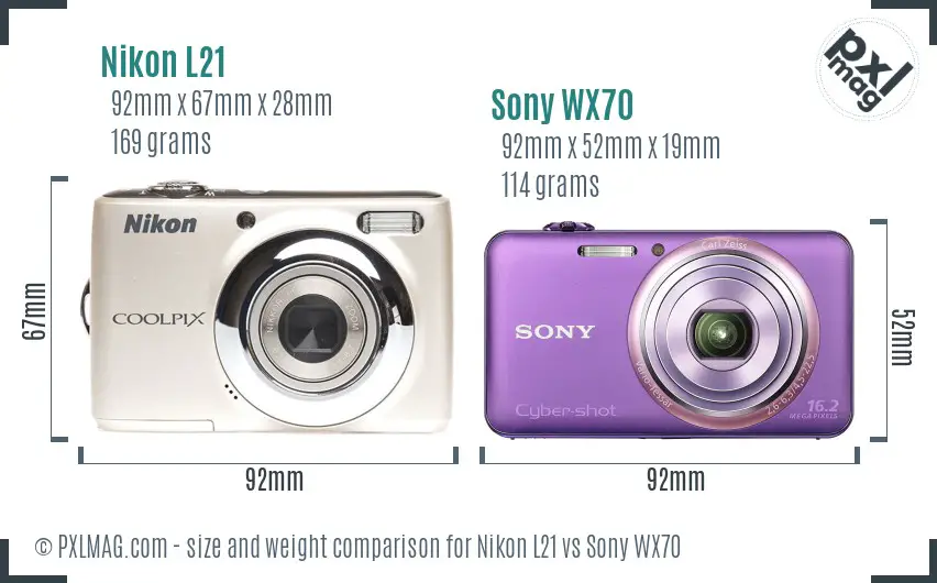 Nikon L21 vs Sony WX70 size comparison