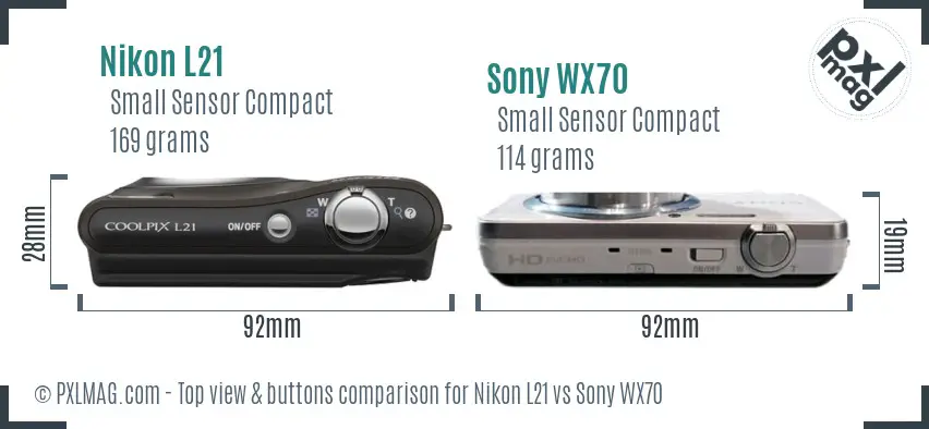 Nikon L21 vs Sony WX70 top view buttons comparison