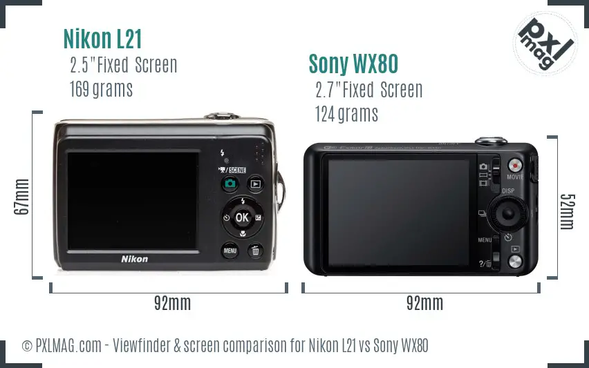 Nikon L21 vs Sony WX80 Screen and Viewfinder comparison