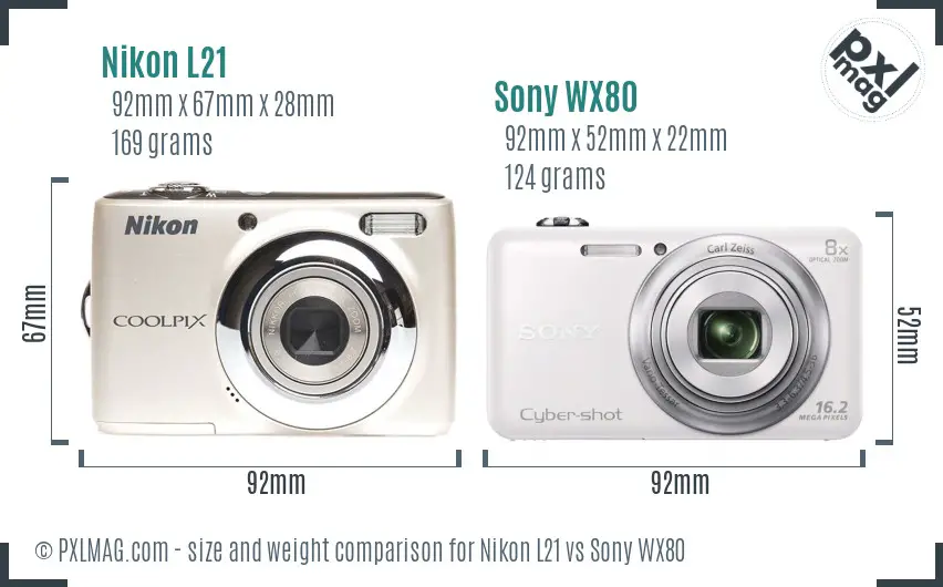 Nikon L21 vs Sony WX80 size comparison