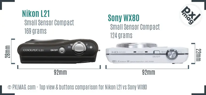 Nikon L21 vs Sony WX80 top view buttons comparison