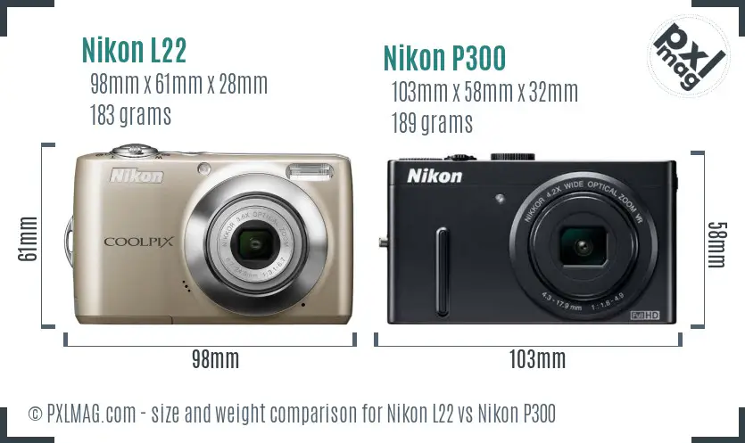 Nikon L22 vs Nikon P300 size comparison