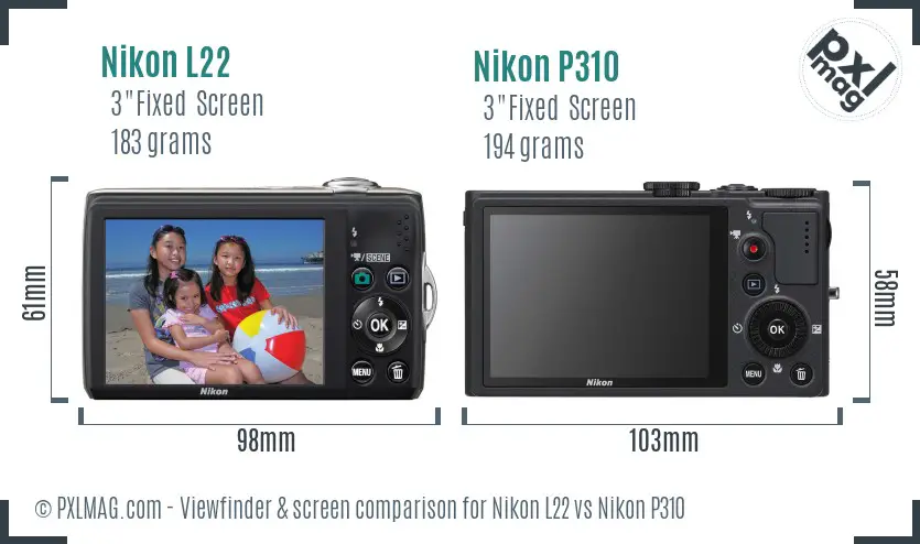 Nikon L22 vs Nikon P310 Screen and Viewfinder comparison