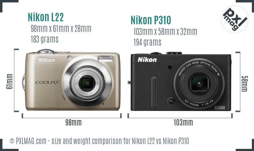 Nikon L22 vs Nikon P310 size comparison