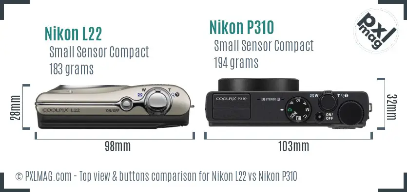 Nikon L22 vs Nikon P310 top view buttons comparison