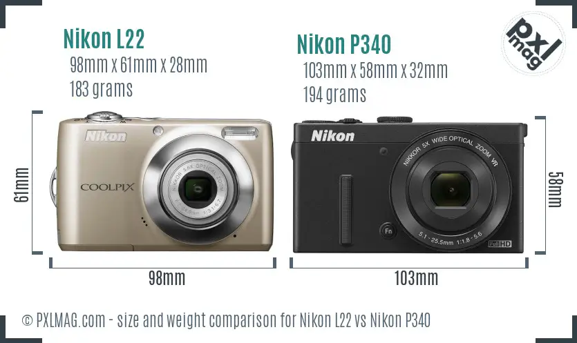 Nikon L22 vs Nikon P340 size comparison