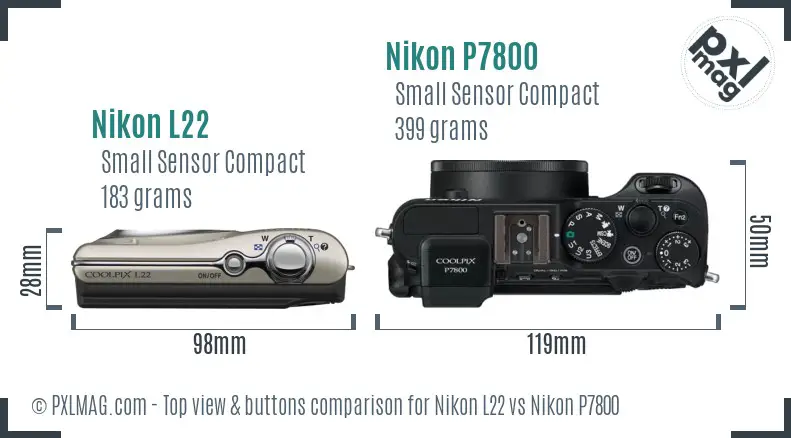 Nikon L22 vs Nikon P7800 top view buttons comparison